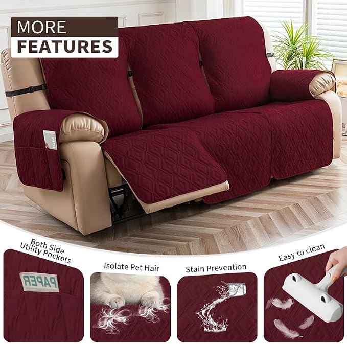 Genina Waterproof Reclining Couch Cover for 3 Seater Non-Slip, Washable Sofa Covers for 3 Cushion, Furniture Protector for Dogs Pets Kids (Wine Red, Recliner) - Image 3