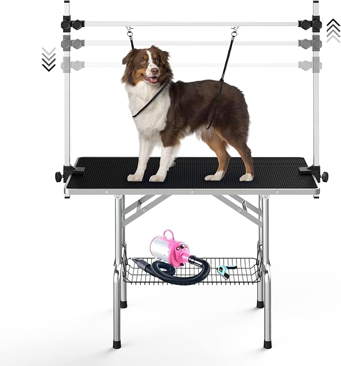 Lyromix 42'' Stainless Steel Pet Dog Grooming Table, Arm/Noose/Tray, Black | Foldable Dog Grooming Table for Dogs at Home, Adjustable Height Arm, Non-Slip Waterproof Tabletop, Capacity 330Lb by Lyromix