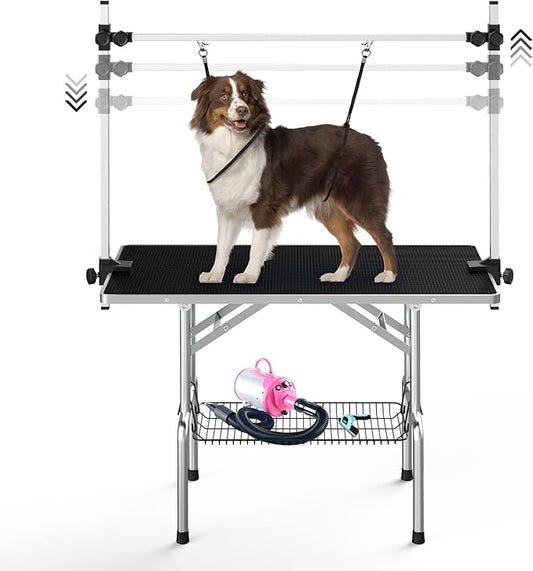 Lyromix 42'' Stainless Steel Pet Dog Grooming Table, Arm/Noose/Tray, Black | Foldable Dog Grooming Table for Dogs at Home, Adjustable Height Arm, Non-Slip Waterproof Tabletop, Capacity 330Lb by Lyromix