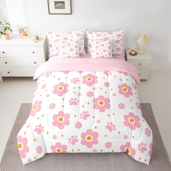 Feelyou Pink Flower 7 Piece Bedding Set Cute Dog Paw Print Comforter Set with Sheets for Kids Boys Girls Star Print Bed in a Bag Kawaii Bed Set Soft Lightweight - Image 2