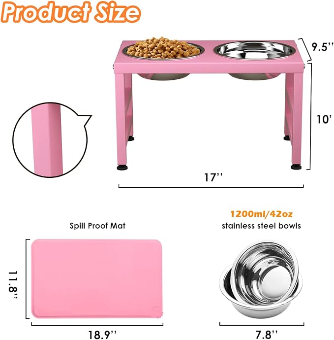 ADENGL Pink Metal Raised Dog Bowl Stand for Large Dogs, Stronger Elevated Dogs Bowls with Sprill Proof Mat, Food & Water Bowl 10in Tall Feeder (42OZ-Stainless Steel Dog Bowls, Mat-12x19 in) - Image 5