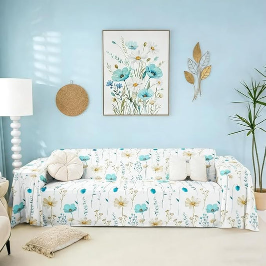 Watercolor Floral Couch Covers Light Blue Beige Flower Sofa Cover 71" X 91" Modern Minimalist Couch Protector Rustic Farmhouse Washable Non Slip Sofa Slipcover For Living Room Furniture Protector by Erosebridal