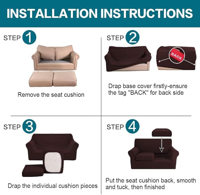 Turquoize 3 Piece Sofa Covers for 2 Cushion Couch Sofa Slipcover Soft Couch Cover for Dogs-Washable Sofa Furniture Covers with 2 Individual Cushion Covers, Thick Jacquard Fabric (Loveseat, Brown) - Image 6