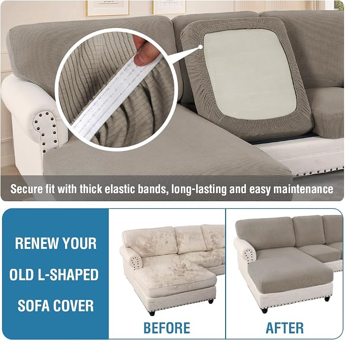 H.VERSAILTEX Sectional Couch Covers 8 Pieces Stretch Sofa Covers for Sectional Sofa Set Separate L Shaped Couch Cover for Both Left/Right Couch (Seat and Back: 1 Chaise + 3 Sofa, Taupe) - Image 6
