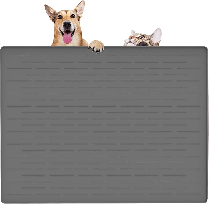 32" x 24" Large Pet Food Mat, Silicone Dog Mats for Food and Water, Nonslip Pet Feeding Mats for Floors,Dog Cat Bowl Mat with Raised Edges, Dark Gray by WelcometoULTIBE