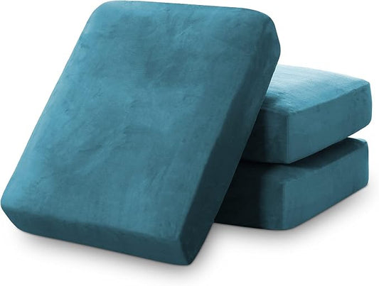 PrinceDeco Couch Cushion Covers, Stretch Washable Sofa Cushion Cover, Fitted Sofa Slipcover Velvet Fabric Non-Slip Furniture Protector for Dog,Pets, Kid (Each Width Up to 29.5", Blue) by PrinceDeco