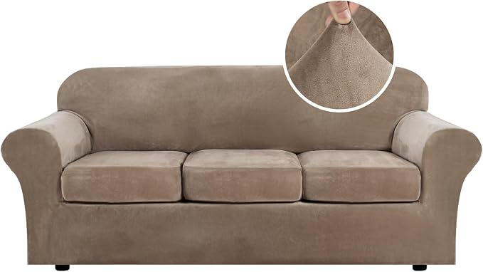 H.VERSAILTEX Modern Velvet Plush 4 Piece High Stretch Sofa Slipcover Strap Sofa Cover Furniture Protector Form Fit Luxury Thick Velvet Sofa Cover for 3 Cushion Couch Width Up to 90 Inch (Sofa, Camel) by HVERSAILTEX