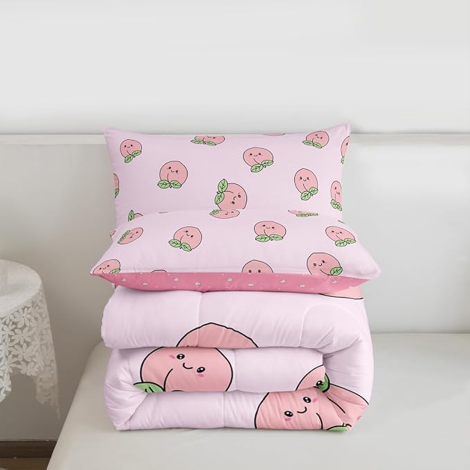 Erosebridal Peach Comforter Set Queen for Girls Women Kids Cute Cartoon Red Fruit Printed Reversible Bedding Set Kawaii Decor Soft Warm Quilt Duvet Set Pink Nature Plant Comforter - Image 7