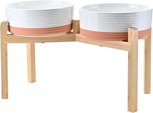 SPUNKYJUNKY Elevated Dog Bowls Ceramic, 8.3'' Dogs Food Water Bowls Raised with Non-Slip Bamboo Stand for Large Sized Breed Microwave Dishwasher Safe - 60 OZ,Pattern White by SPUNKYJUNKY