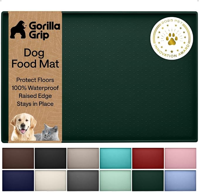 GORILLA GRIP 100% Waterproof Raised Edge BPA Free Silicone Pet Feeding Mat, Dog Cat Food Mats Contain Spills Protects Floors, Placemats for Cats and Dogs Water Bowl, Pets Accessories 16x10, Green by Unknown