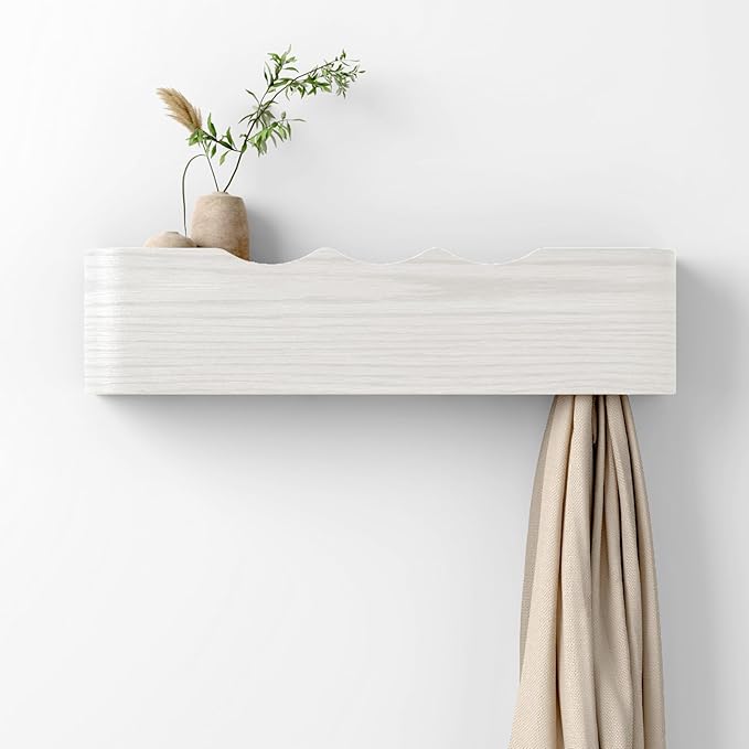 Coat Rack Wall Mount with Hidden Hooks, Wall Hooks with Shelf, Wall Key Holder Mount Wooden Shelf Entryway Hooks for Bedroom Bathroom for Hanging Coats Hats Bags Towels (White Wave-Shape, 4 Hooks) by Nevsokio