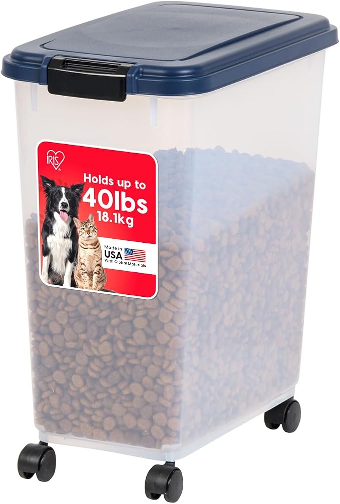 IRIS USA Airtight Dog Food Storage Container, Up to 40 lbs, Attachable Wheels, For Dog Cat Bird and Other Pet Food Storage Bin, Keep Fresh, Translucent Body, Easy Mobility, Navy | Clear Plastic Bin with Snap-Lid Seal and Wheels to Keep Kibble, Pellets,... by IRISUSA