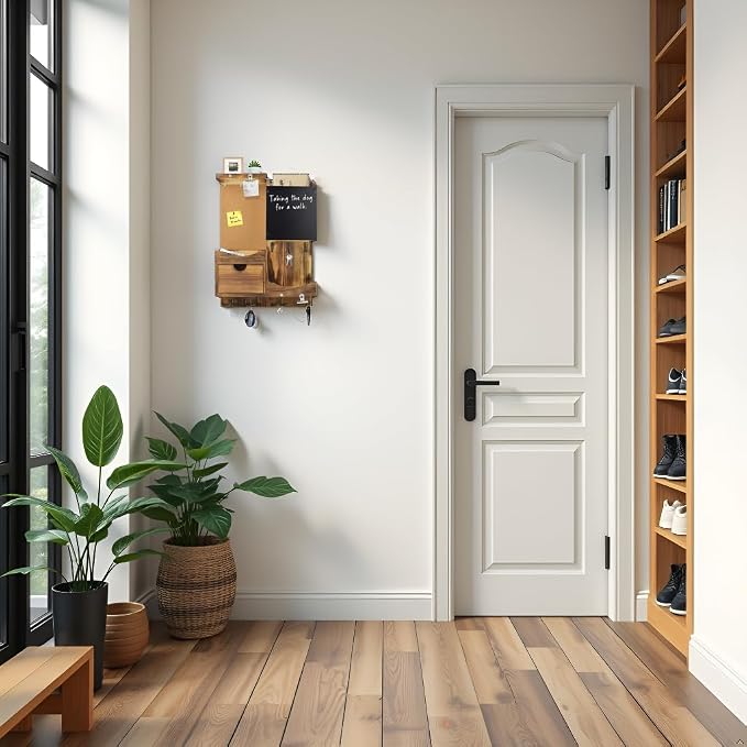 Key Holder Wall Mount， Mail Organizer Key Holder for Wall with Shelf, Drawer, Chalkboard, Corkboard, Home Decor Wall Mounted for Room Entryway(Natural Wood) - Image 5
