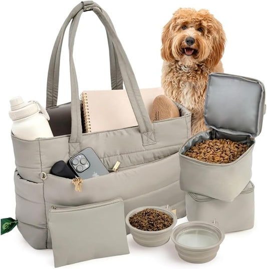 Rubyloo Puffer Dog Travel Bag for Dog Moms, Diaper Bag with Travel Bowls | 2 BPA-Free Collapsible Bowls, 2 Pet Food Containers, 9 Pockets, Everyday Puffer Bag Works With or Without Your Dog, Khaki by Rubyloo
