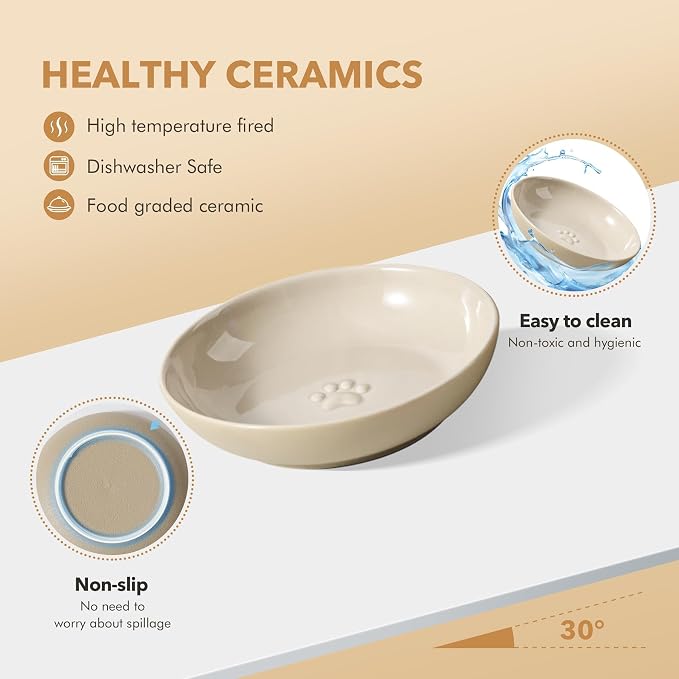 Havniva Elevated Cat Bowls, Raised Ceramic Cat Bowl with Stand, Two Heights | Cat Food & Water Bowl Set, Whisker Friendly, 6” Raised Cat Dishes, Shallow Cat Plates, Non-slip Wood Stand, Kitten Food Bowl - Image 5