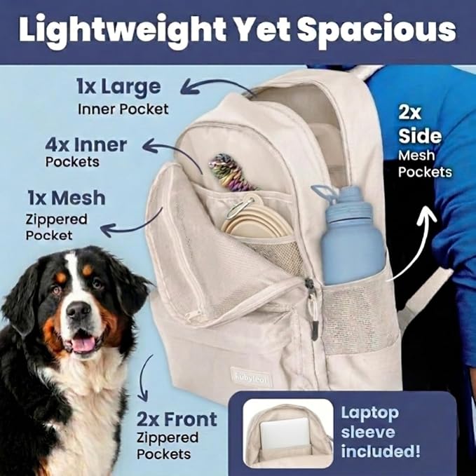 Rubyloo Dog Travel Backpack for Supplies - Dog Diaper Bag with Travel Bowls | 2 BPA-Free Bowls; Food Container & Treat Pouch; Placemat; Laptop Sleeve; Poop Bag Dispenser, Hiking, Camping & Road Trips, - Image 5