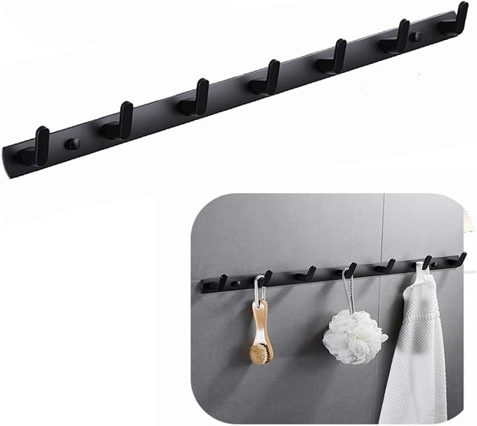 Wall Mounted Coat Rack, 7 Hooks, 25.7"x1.3", Modern, Black | Space Aluminum, Rustproof, for Hallway, Entryway, Hanging Holder for Clothes, Towel, Backpack, 40 lbs Capacity, Easy Install by Spotact