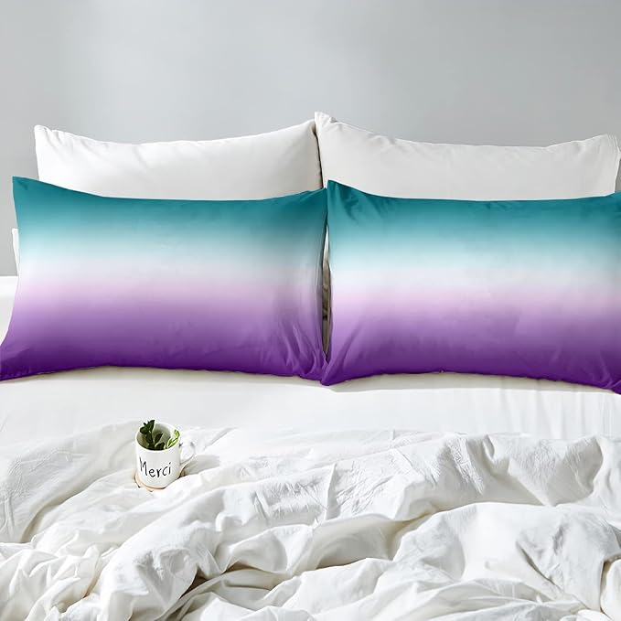 Erosebridal Ombre Comforter Set Green Purple Teal Bedding Set Full Size Colorful Gradient Down Comforter Modern Abstract Quilt Duvet Insert Soft Warm Lightweight 1Comforter with 2 Pillow Cases - Image 4