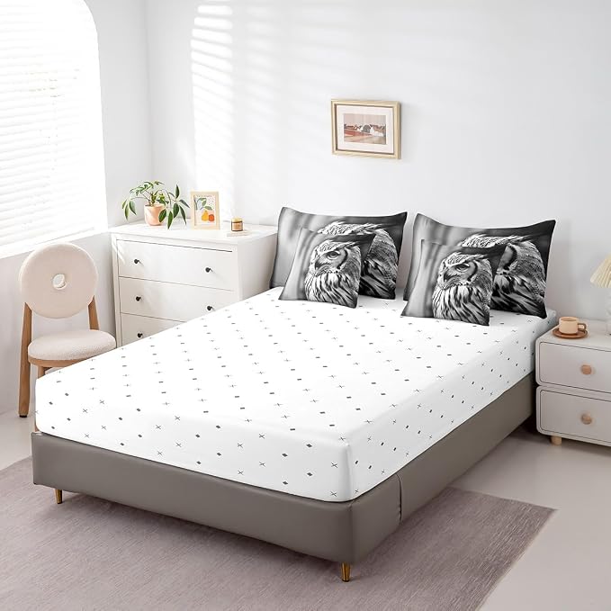 Erosebridal 7-Piece Owl Animal Comforter Set Queen Size, Owl Bed in a Bag Bedroom Comforter with Sheets (1 Comforter, 1 Flat Sheet 1 Fitted Sheet 2 Pillowcases and 2 Pillow Shams), Black Grey - Image 5