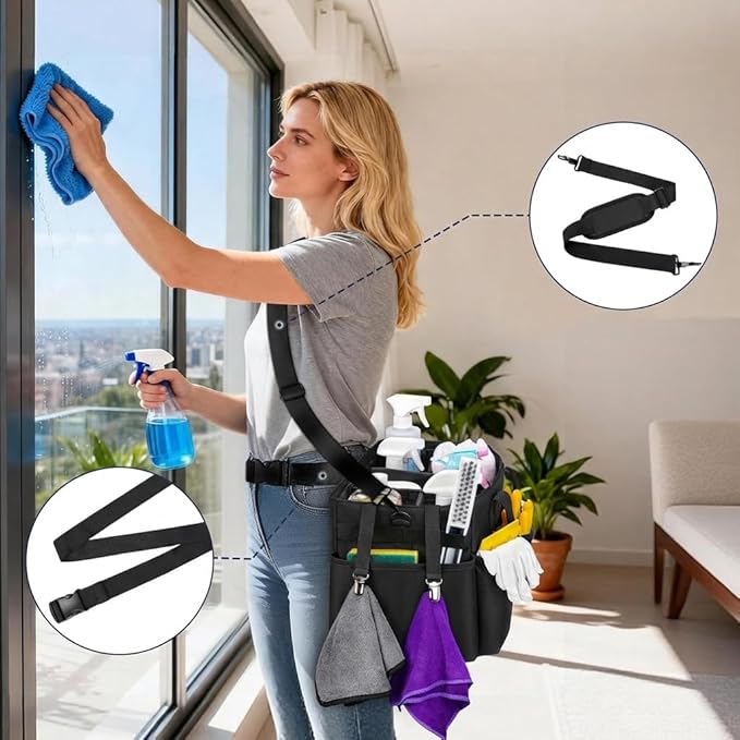 Ytonet Wearable Cleaning Caddy Bag, Large Cleaning Supplies Organizer with 4 Foldable Dividers, Caddy Organizer with Handle & Shoulder Strap & Waist Strap for Cleaners & Housekeepers, Black Grey - Image 2