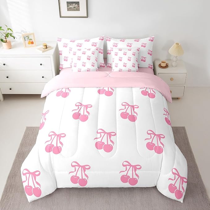 Erosebridal 7 Piece Pink Bowknot Kids Comforter Set Queen Bed in a Bag,Dreamy Princess Style Bedding Set for Girls Women Girlfriend,Girly Cherry Bows Sheet Set,Cartoon Bow Tie Duvet Insert - Image 2