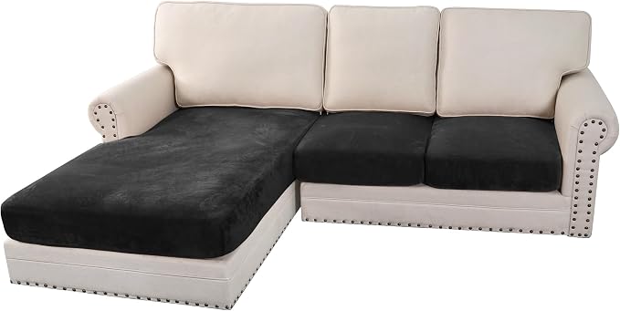 H.VERSAILTEX Velvet Stretch Sectional Couch Covers 3 Pieces Sofa Seat Cushion Covers L Shape Separate Cushion Couch Chaise Cover for Both Left/Right Couch (Large Sofa 2 Seater + 1 Chaise, Black) by HVERSAILTEX