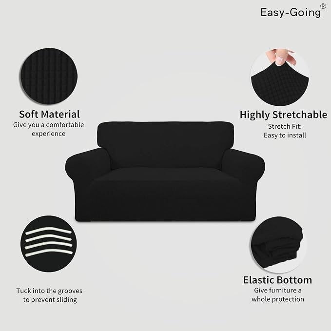 Easy-Going Stretch Loveseat Couch Covers Washable Black | 1-Piece Loveseat Covers for 2 Cushion Couch Furniture Protector RV Sofa Slipcover Soft with Bottom for Kids Pets - Image 3
