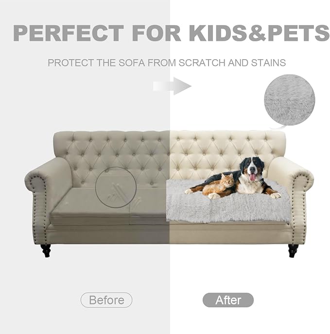 Dogs/Cats Bed Mats, Dog Pad Washable Removable Couch Cover with Anti-Slip Back, Plush Long Fur Mat, Perfect for Small, Medium and Large Dogs.(Light Gray, 30"x70") - Image 2