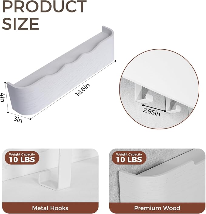 Coat Rack Wall Mount with Shelf Entryway Shelf Modern Key Holder Hanger Wall Shelves with Hidden Hooks for Hanging Towels Coats Hats Bags for Hallway Bathroom Bedroom (Wavy White, 4 Hooks) - Image 2