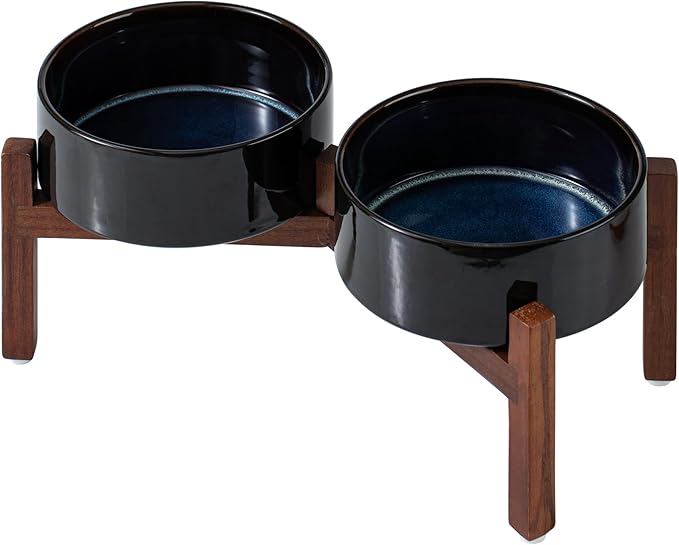 Havniva Elevated Dog Bowls, Ceramic Raised Dog Bowl with Stand | 7.3” Dog Food Bowls Elevated, Dog Food and Water Bowl Set, Non-Slip Acacia Wood Stand, Medium Dogs Bowl, 5 Cups 41 oz by Havniva
