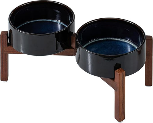 Havniva Elevated Dog Bowls, Ceramic Raised Dog Bowl with Stand | 7.3” Dog Food Bowls Elevated, Dog Food and Water Bowl Set, Non-Slip Acacia Wood Stand, Medium Dogs Bowl, 5 Cups 41 oz by Havniva