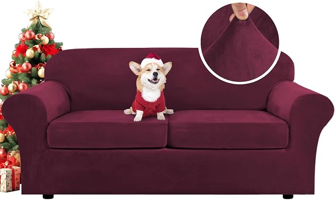 H.VERSAILTEX Real Velvet Plush 3 Piece Stretch Sofa Covers Couch Covers for 2 Cushion Couch Sofa Slipcovers Width Up to 90 Inch Feature Thick Soft Stay in Place (Large Sofa, Burgundy) by HVERSAILTEX