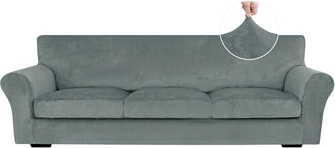 XINEAGE 4-Piece Velvet Oversize Sofa Cover, Couch Covers for Dog,Light Gray | 3 Cushion Large Sofa,Stretch Non-slip Elastic, Pet-friendly, Washable, Fast Setup, Soft Plush Fabric, Furniture Protector. by XINEAGE
