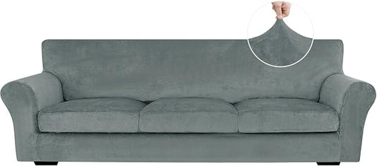 XINEAGE 4-Piece Velvet Oversize Sofa Cover, Couch Covers for Dog,Light Gray | 3 Cushion Large Sofa,Stretch Non-slip Elastic, Pet-friendly, Washable, Fast Setup, Soft Plush Fabric, Furniture Protector. by XINEAGE