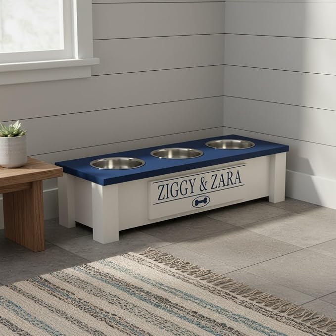 3 Bowl Dog Feeding Station, Personalized Triple Bowl Food Stand Small Dogs | Farmhouse Style, Elevated Wood Stand, Storage Container, Stainless Steel Bowls, Raised Feeder, Small Breed, Made in USA - Image 4