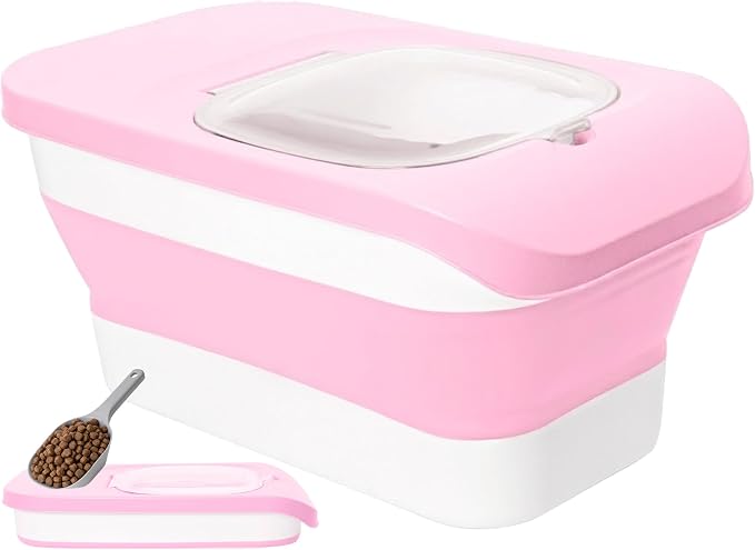 10-13 Lbs Airtight Dog Food Storage Container,Collapsible Pet Food Storage | Dog Food Container with Double Airtight Seal,Cat Food Container Dry Food Fresh,Space Saving,Pest/Mouse-proof,Scoop,Pink by DDMOMMYCOLLAPSIBLEFOODSTORAGECONTAINERFAMILY