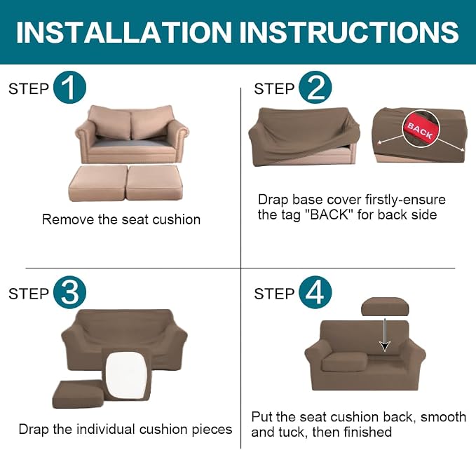 Turquoize 3 Piece Sofa Covers for 2 Cushion Couch Sofa Slipcover Soft Couch Cover for Dogs-Washable Sofa Furniture Cover with 2 Individual Cushion Covers, Thick Jacquard Fabric (Loveseat, Macchiato) - Image 6