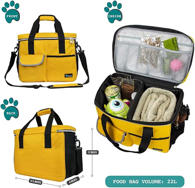 PetAmi Dog Travel Bag Organizer, Pet Travel Kit with 2 Food Containers & 2 Collapsible Dog Bowls, Pet Supplies Tote with Luggage Sleeve, Weekend Road Trip Camping Essentials, Yellow, Medium - Image 2