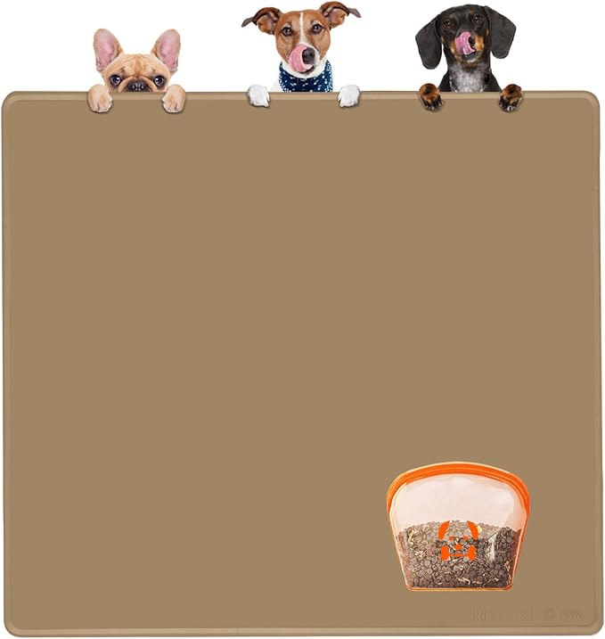 KVK Extra Extra Large Silicone Dog Food Mat 39.4×43.3in and 128oz Silicone Bag Set, Super Size Waterproof Pet Feeding Mat & Container, Non-Slip, Chew-Resistant Floor Protection (Taupe&Orange) by Unknown