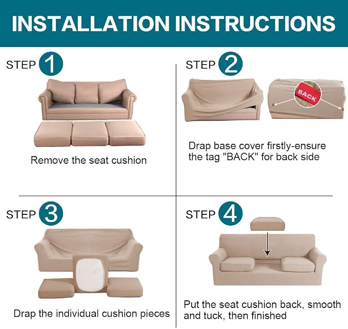 Turquoize 4 Piece Sofa Covers for 3 Cushion Couch Sofa Slipcover Soft Couch Cover for Dogs-Washable Sofa Furniture Covers with 3 Individual Large Cushion Covers, Feature Thick Fabric (XL Sofa, Sand) - Image 6