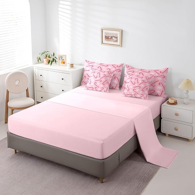 Erosebridal Xmas Candy Cane Full Bedding Set 7 Piece,Merry Christmas Bed in A Bag for Kids Boys Girls,White Snowflake Comforter Set Pink Christmas Ornaments Sheet Set with Comforter - Image 5
