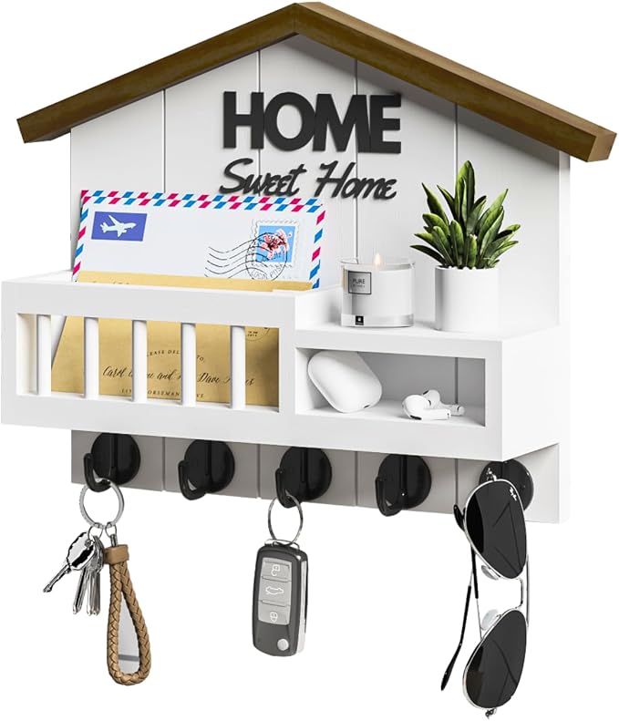 Key and Mail Holder for Wall, Wall Key Holder with Shelf, Key Rack Wall Mount, Wood Key Holder Wall Mount White, Mail Organizer Wall Mounted, Entryway & Front Door Key Holder with 5 Hooks by FERAHI