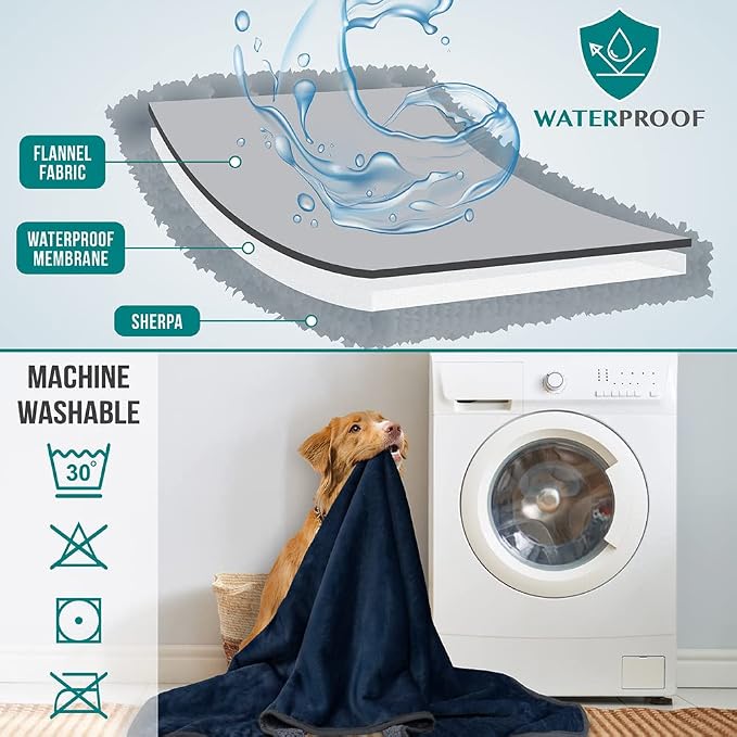 PETAMI Sherpa Fleece Waterproof CAT and Dog Blanket, Navy/Gray, Medium - Image 6
