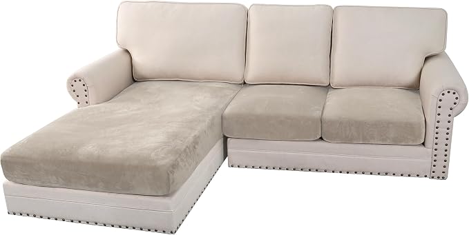 H.VERSAILTEX Velvet Stretch Sectional Couch Covers 3 Pieces Sofa Seat Cushion Covers L Shape Separate Couch Cover for Both Left/Right Sectional Couch (Large Sofa 2 Seater + 1 Chaise, French Oak) by HVERSAILTEX