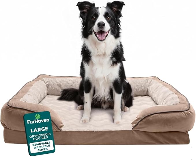 Furhaven Orthopedic Dog Bed for Large/Medium Dogs w/ Removable Bolsters & Washable Cover, For Dogs Up to 55 lbs - Plush & Velvet Waves Perfect Comfort Sofa - Brownstone, Large by FurHaven