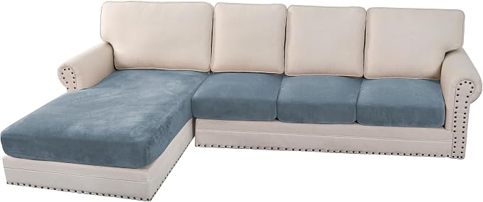 H.VERSAILTEX Velvet Stretch Sectional Couch Covers - 4 Piece Sofa Seat Cushion Set - L Shape Separate Cushion - Both Left/Right Couch Chaise Cover - Large Sofa 3 Seater + 1 Chaise, Stone Blue by HVERSAILTEX
