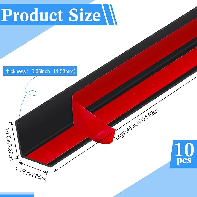 Sasylvia 10 Pcs 1-1/8 x 48 Inch Wall Corner Protector Guards with Self Adhesive, Black Vinyl Corner Trim Molding Plastic for Wall Furniture Door Tables Cabinet Edge, Avoid Scratching, Easy Install - Image 2