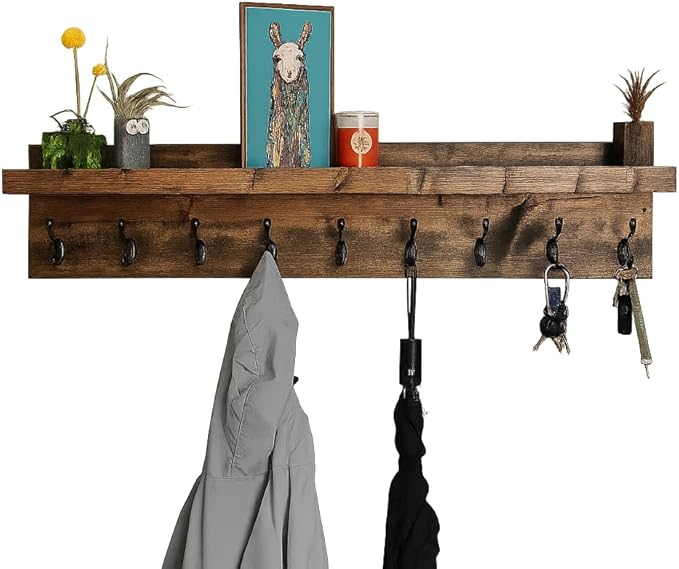 Coat Rack with Shelf Wall Mounted with Storage (Choose Your Length) Towel Rack Entryway Organizer Key Hooks (40" L (10 Hooks)) by DistressedMeNot