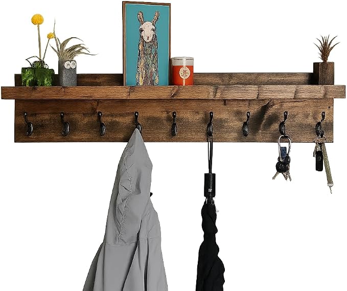 Coat Rack with Shelf Wall Mounted with Storage (Choose Your Length) Towel Rack Entryway Organizer Key Hooks (40" L (10 Hooks)) by DistressedMeNot