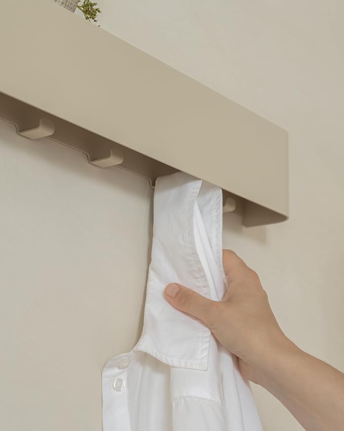 Kazai. Coat Rack Wall Mount with Shelf 'Tone' | Modern Design Coat Hanger with Hidden Hooks and Storage | Hat Rack with Shelf in Metal | Wall-Mounted Purse Organizer | Sand Taupe - Image 5